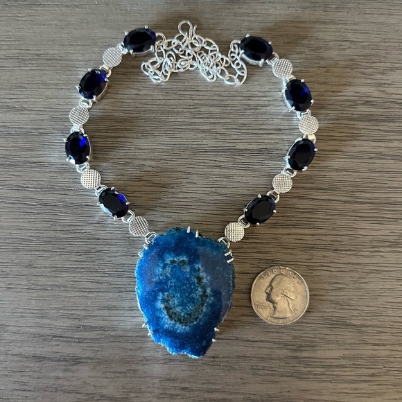 0607 Solar Quartz Druzy Tanzanite Big Geode Statement Necklace Silver Jewelry - Picture 4 of 10